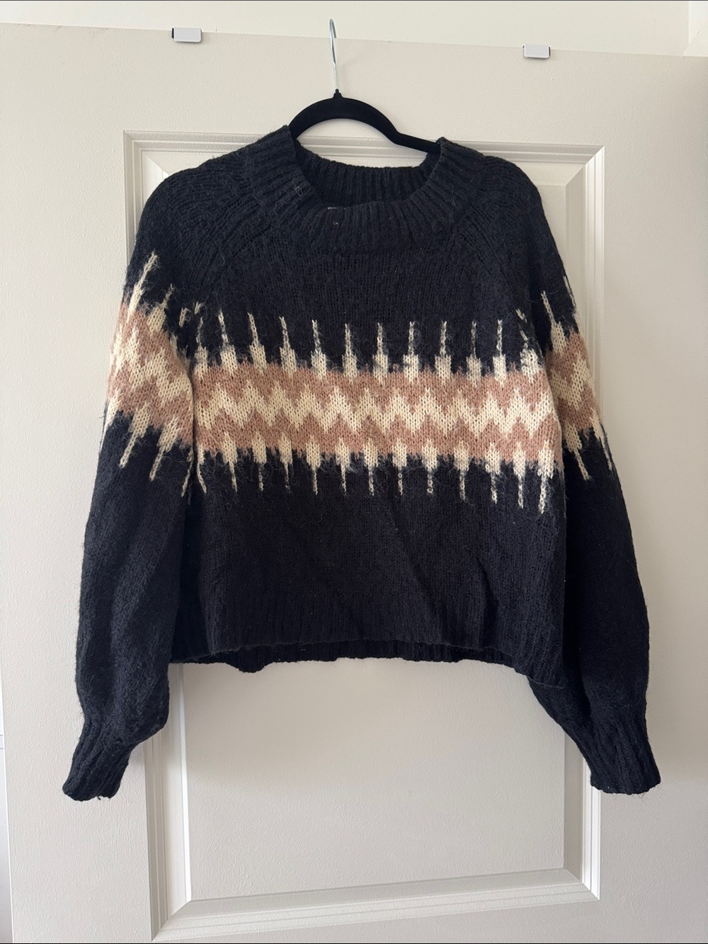 Rebecca Minkoff Black Crewneck Sweater with Cream and Tan Zigzag
